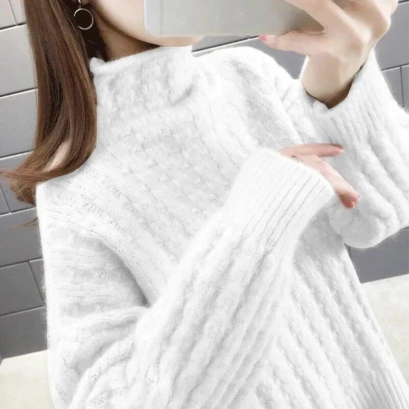 Женский свитер с высоким воротником, утепленный теплый осенне-зимний свободный пуловер, женский джемпер большого размера в фиолетовую вязаную полоску