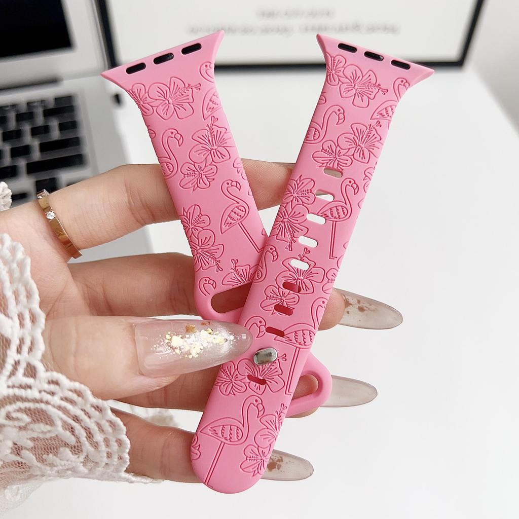 Силиконовый резной цветок фламинго, подходящий для часов Apple Watch, ремешок Apple Watch для iWatch, спортивный рельефный ремешок