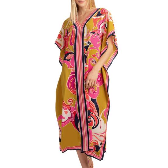 2024 платье-халат с v-образным вырезом и рукавами «летучая мышь», свободное платье до щиколотки, крутое богемное платье с геометрическим принтом, пляжная одежда