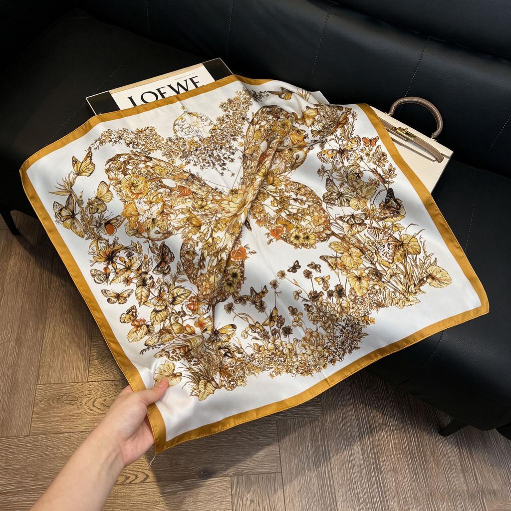 71Cm New Chinese Simulation Silk Square Scarf Soft and Skin-friendly Ink Flower Rhyme Printing Silk Scarf Neck Sunscreen Small Scarf