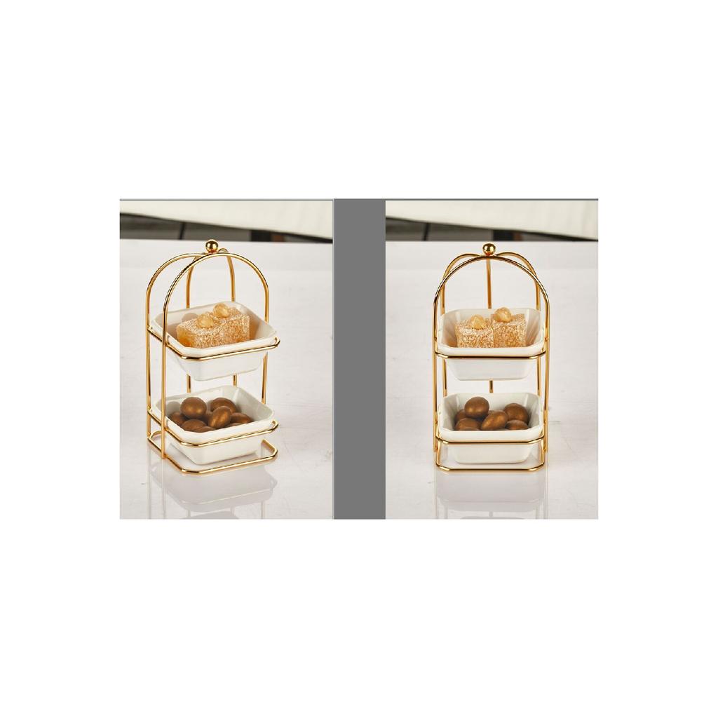 2 Tier Square Gold Ceramic Presentation Bowl, Turkish Delight Bowl And Sugar Bowl