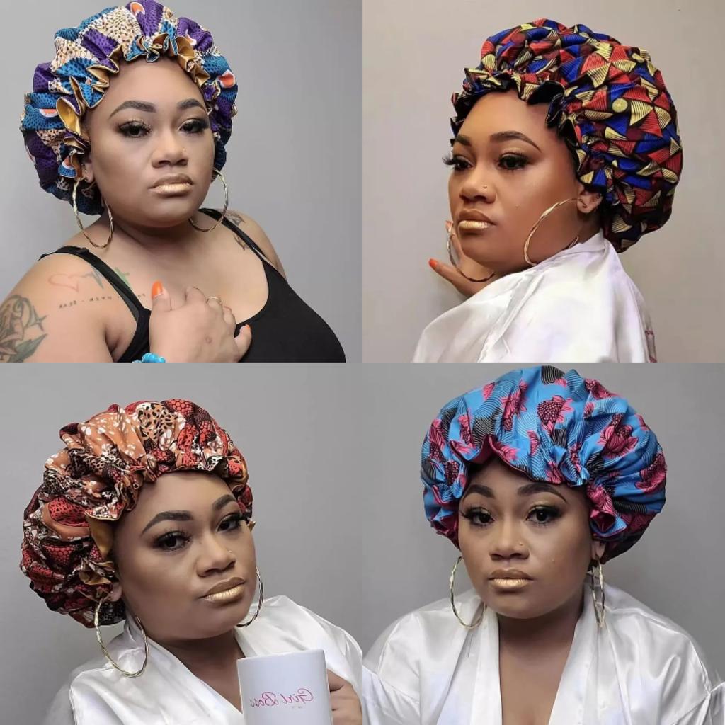 African Pattern Print Ankara Bonnet Double Layer Satin Large Turban for Women Sleep Night Hat Silk Hair Ladies Night Parties