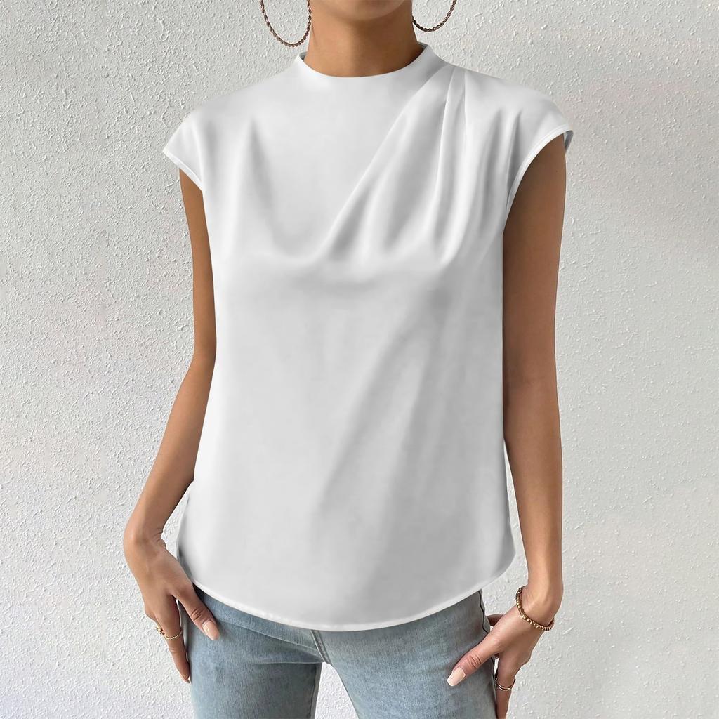 Женская повседневная элегантная атласная плиссированная рубашка с круглым вырезом, однотонный пуловер без рукавов, официальная рабочая рубашка, топ