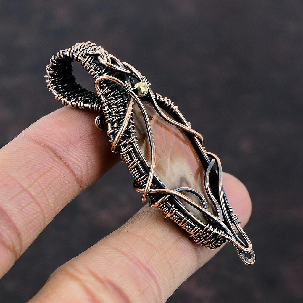 Подвеска из полихромной яшмы, медная проволока, кулон ручной работы, драгоценный камень, медь, ювелирные изделия, подарок для мамы, уникальный кулон, ювелирные изделия из проволочной обмотки