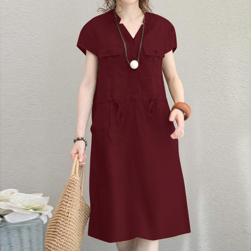 ZANZEA Summer Casual V-neck Short Sleeve Tunic Waist Shirt Dress