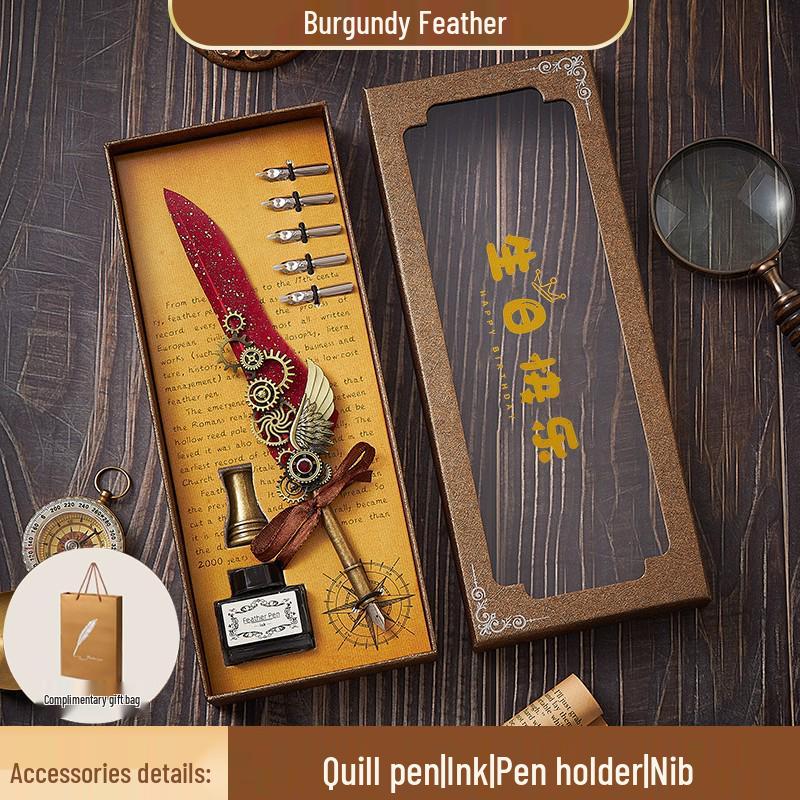European Steampunk Quill and Ink Set with Wax Seal - Retro Fountain Pen Gift Box for Birthdays