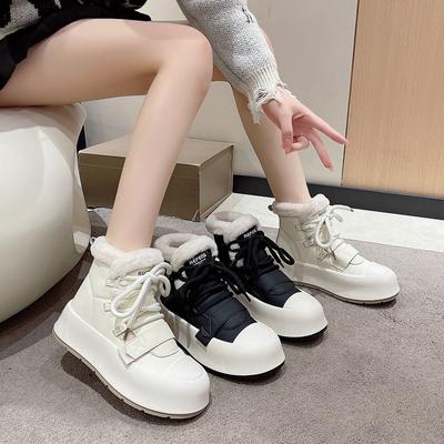 Зимние ботинки на толстой подошве со шнуровкой, высокие кеды и короткие бархатные туфли зимой для женщин, чтобы согреться и предотвратить скольжение.