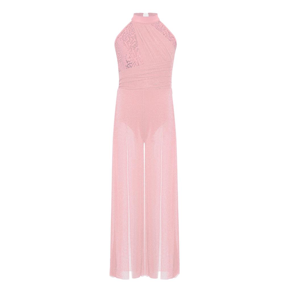 Женский комбинезон без рукавов с воротником-стойкой, перекрещивающимися бретелями на спине, блестящими пайетками, сетчатыми вставками и широкими штанинами, для лирического танца