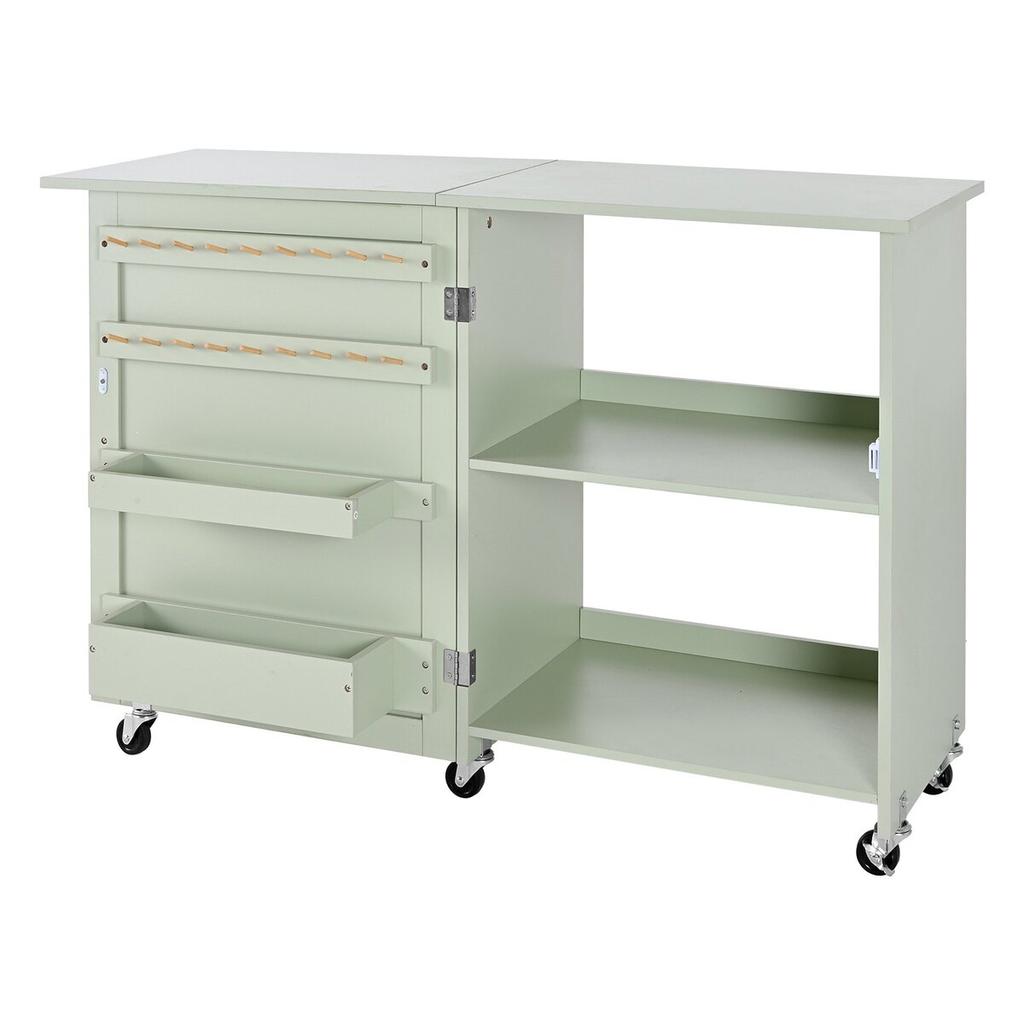 Folding Sewing Table, Multipurpose Sewing Machine Table with Compact Design, Wheels, Wooden Pegs, Storage Trays and Shelf, Magnetic Door Lock, Craft