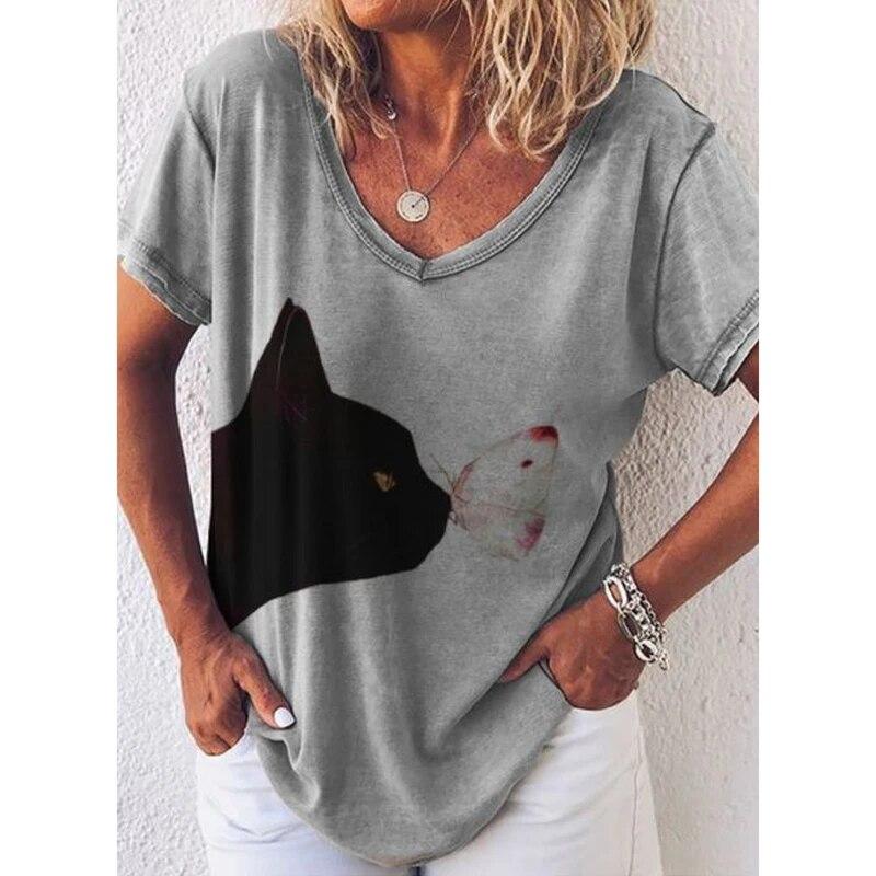 Fashion Woman Blouses T-shirt Women's 3d Cats Print Black Kawaii V-neck T Shirt Female Clothing Oversized Summer Tops Tees