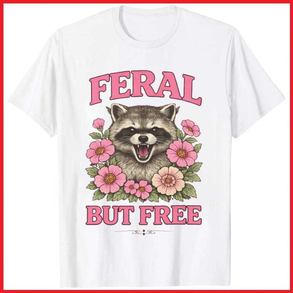 Feral But Free Raccoon Independence Day 4th Of July White Cotton T-Shirt S-5XL