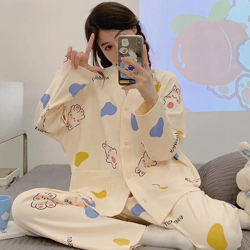 Новые пижамные комплекты для женщин весна-осень с принтом медведя, пижамы из искусственного хлопка, кардиган, одежда для сна с длинным рукавом, японская домашняя одежда