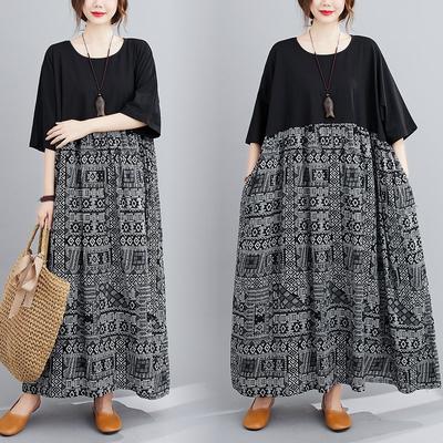 Реальное фото Лето Новое Литературное и Художественное Большого размера Свободное Платье из хлопка и льна с короткими рукавами Женское длинное платье