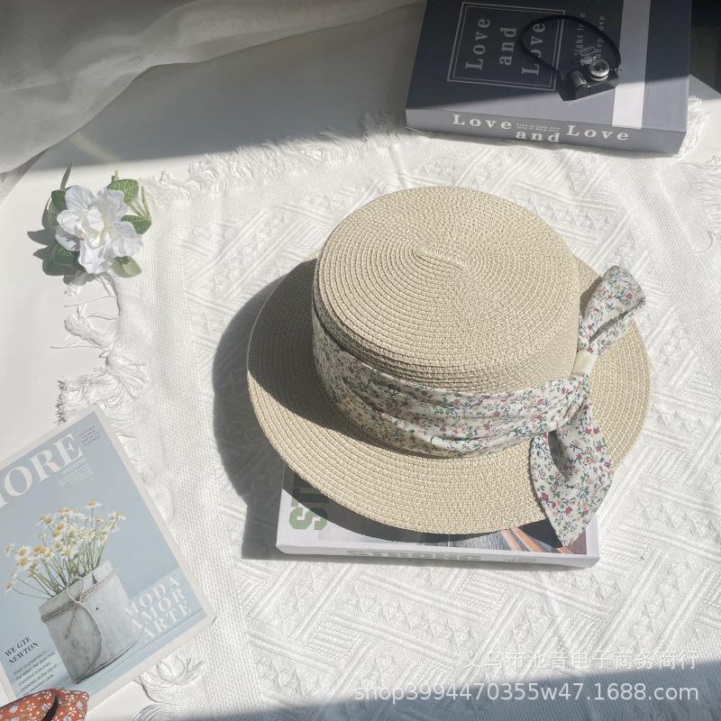 French flat hat straw hat women's summer seaside play beach hat top hat floral with sun protection hat