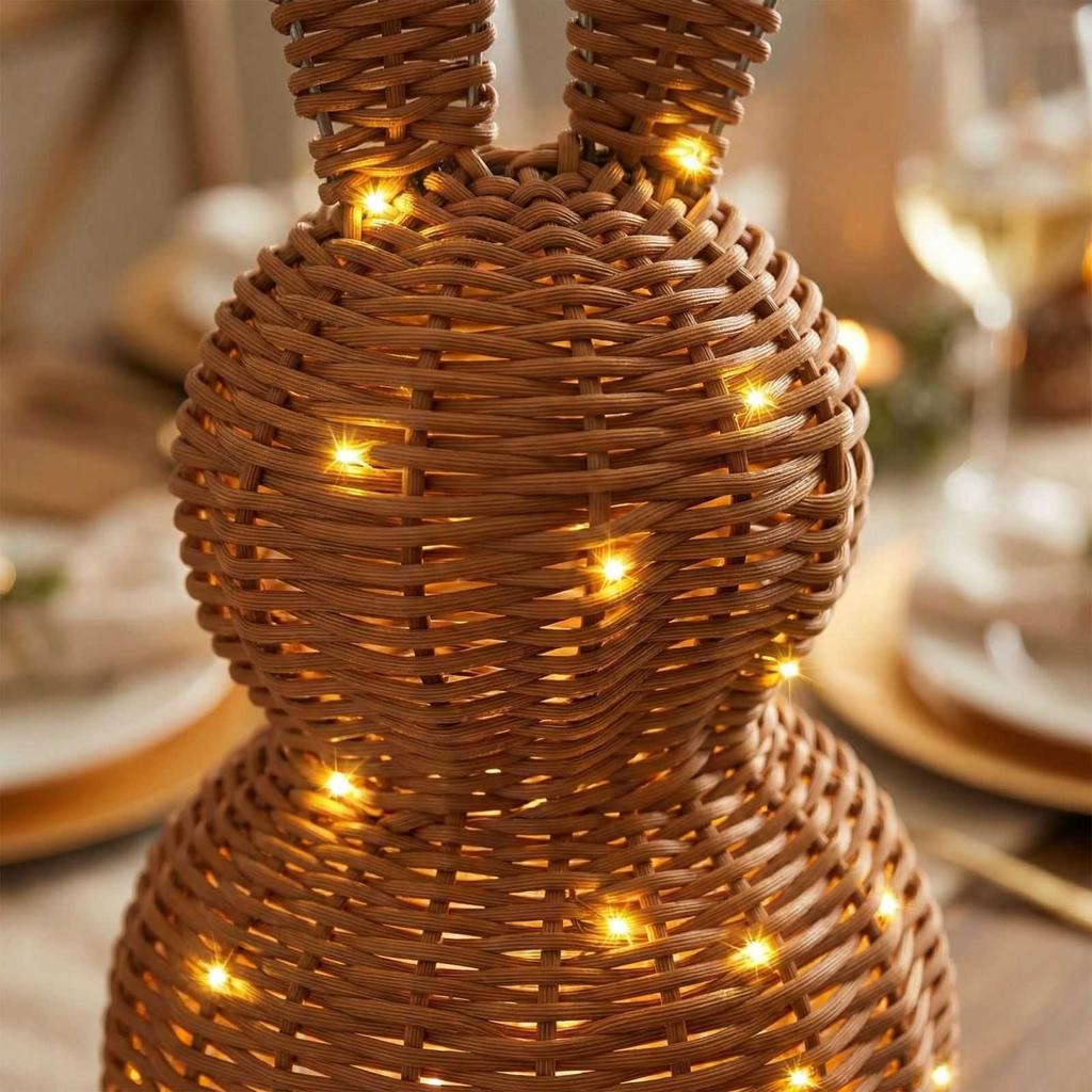 Modern Easter Wicker Bunny Ornament, 13.8-inch Woven Bunny Desktop Figurine With String Lights