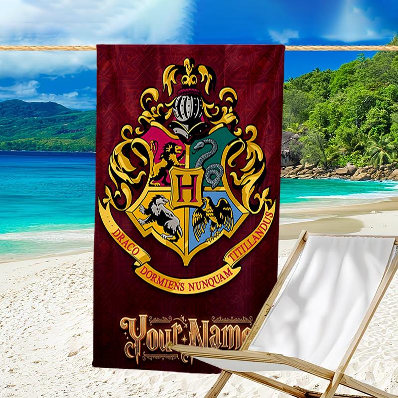 1pc Hogwarts Beach Towel with Custom Name, Beach and Seaside Swimming Pool Equipment, Fashion Pattern, Rectangular, Travel Essential