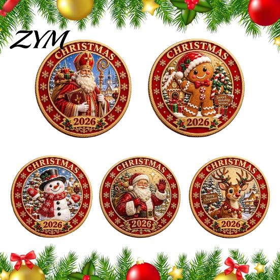 Gold Plated Christmas Gifts 2026 Coin, Holiday Commemorative Keepsake with Embossed Festive Gingerbread Man Medals Santa/Gingerbread Man/Snowman/Elk,