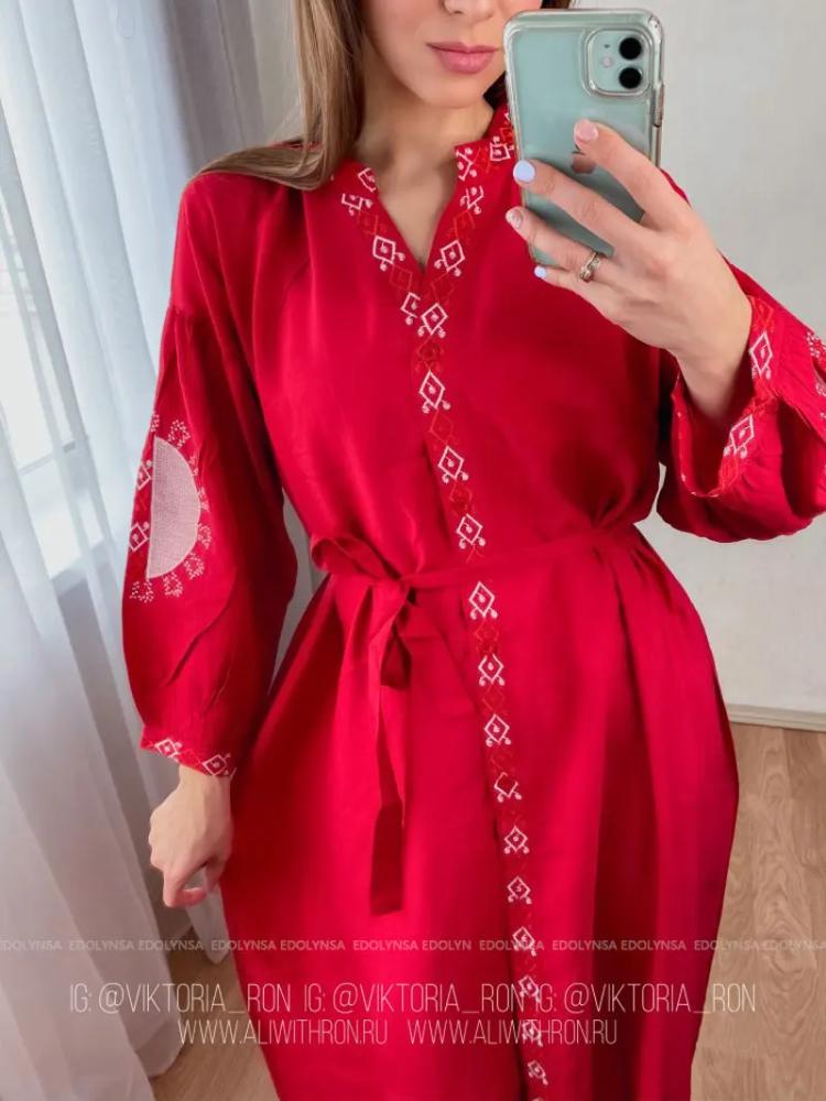 EDOLYNSA Red Bohemian Embroidered Front Open Long Sleeved Beach Dress LongTunic Women Plus Size Beachwear Swimsuit Cover Up Q1010