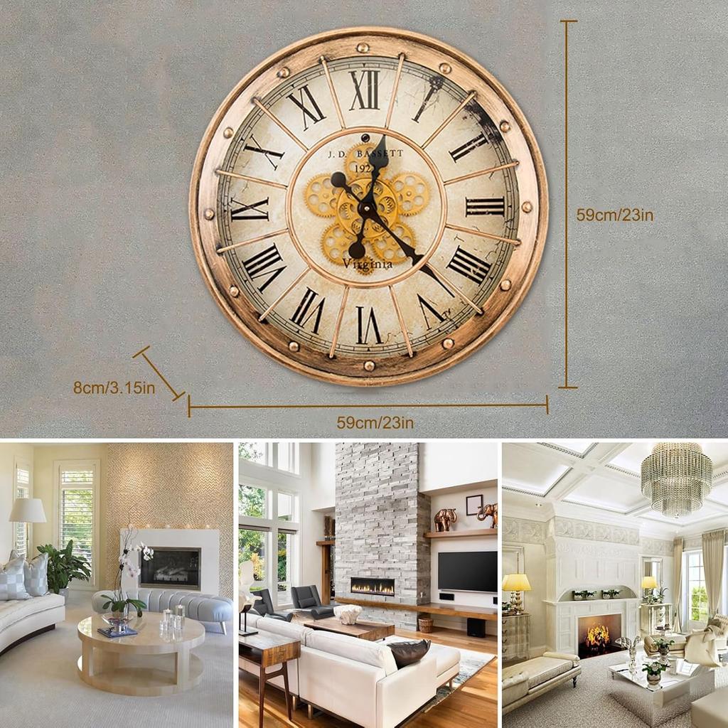 Retro Moving Gear Wall ClockVintage Industrial Steampunk Exposed Gear Clock for Living Room Decor