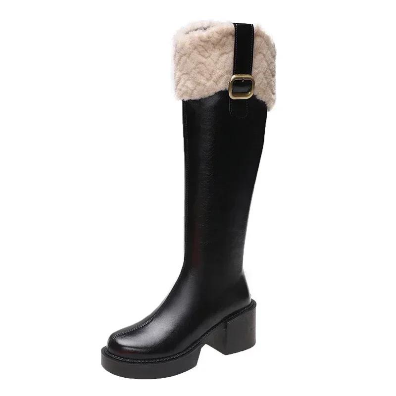 Winter Knee High Brown Long Boots Comfort Square Heel Zip Belt Buckle Platform Boots for Women Plush Edge Warm Gothic Shoes