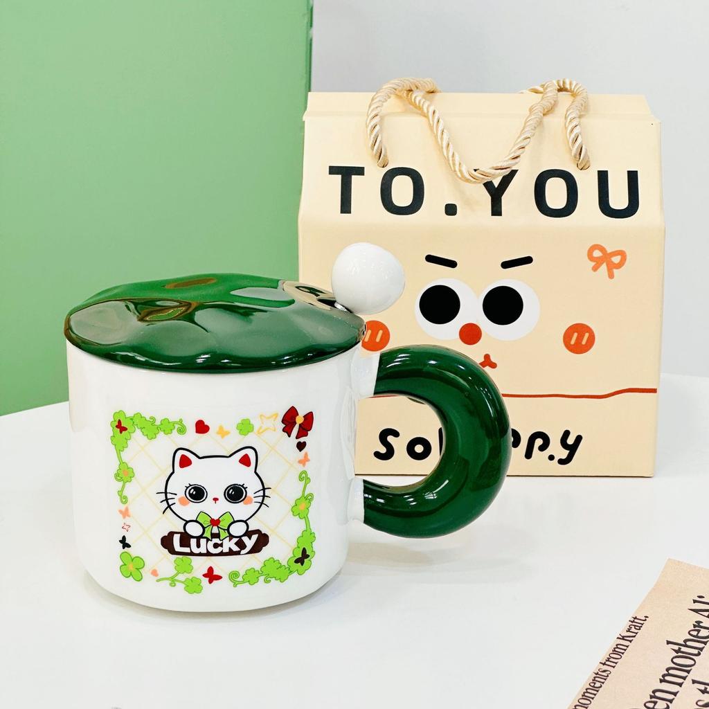 Cute Cartoon Cat Ceramic Cup Girls Mug with Lid Spoon Household Gift Box Water Cup High looking Gift