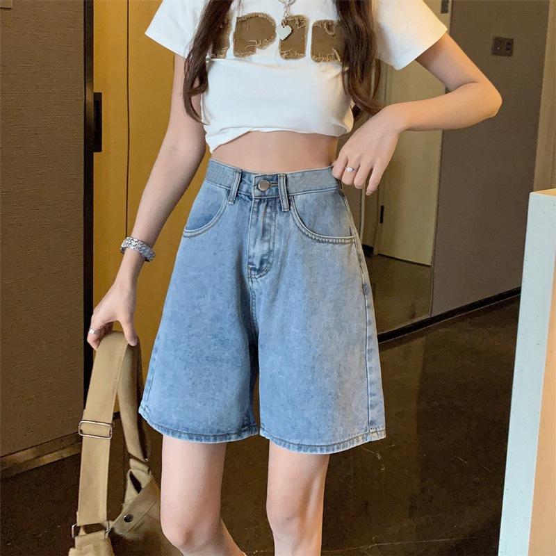 Джинсовые шорты с высокой талией, женские летние тонкие прямые брюки-квотербеки, свободные утягивающие брюки с широкими штанинами