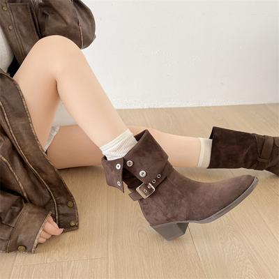 Хаки ретро ботильоны на толстом каблуке с острым носком женские новые осенние универсальные для маленького роста и стройности рыцарские ботинки