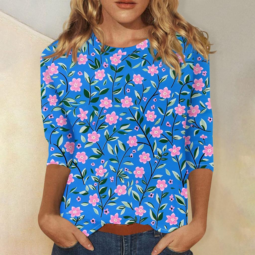 Women's Floral Print Round Neck Top With Three Quarter Sleeves T-Shirt Three Quarter Sleeves T-Shirt