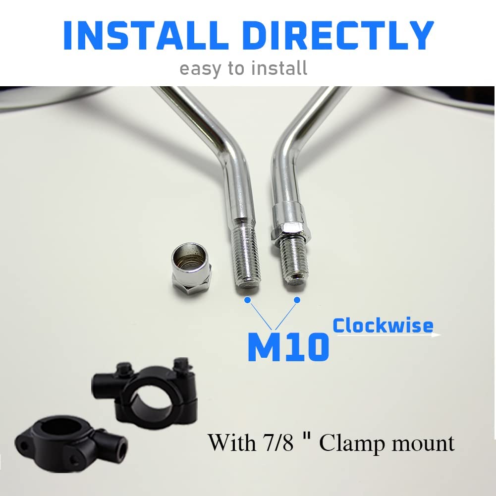 Motorcycle Mirror 10mm Universal Chrome Mirror Convex Oval Mirror for Fury Shadow Rebel VTX