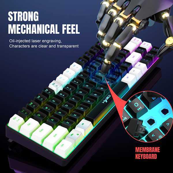 Игровая мембранная клавиатура HXSJ, 68 клавиш, съемный кабель, RGB-подсветка, белый/черный, материал ABS.