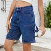 Women's Fashionable Solid Color Pocket Workwear Denim Casual Five Quarter Shorts