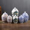 Blue-and-white Ceramic Tea Jar with Lid Chinese Household Moisture-proof Sealed Jar Retro General Jar Gift Ceramic Storage Tank