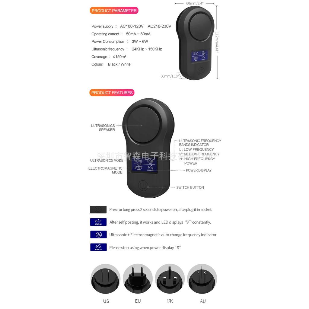 Универсальный ультразвуковой отпугиватель мышей BG-305 для защиты от куниц, комаров, грызунов на площади до 150 квадратных метров