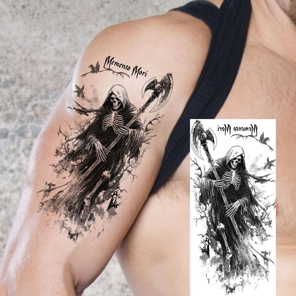 1 Sheet Scary Grim Reaper Skull Temporary Tattoos Halloween Tatoos Long Lasting Waterproof Tiger Wolf Beast Fake Tattoo Stickers
