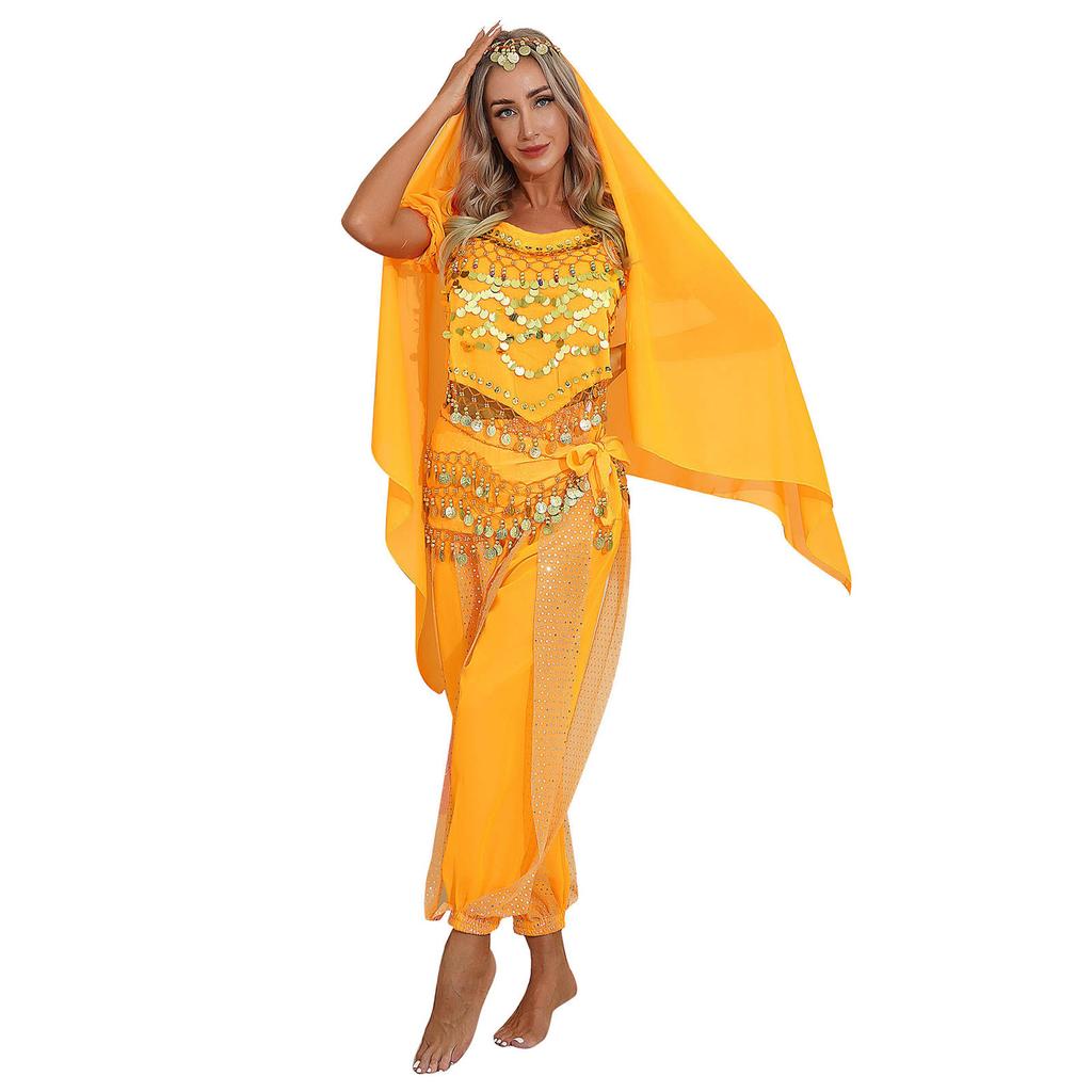 Женский наряд для танца живота, карнавальный костюм на Хэллоуин, укороченный топ с короткими рукавами и пайетками, шаровары, набедренный платок, головной платок