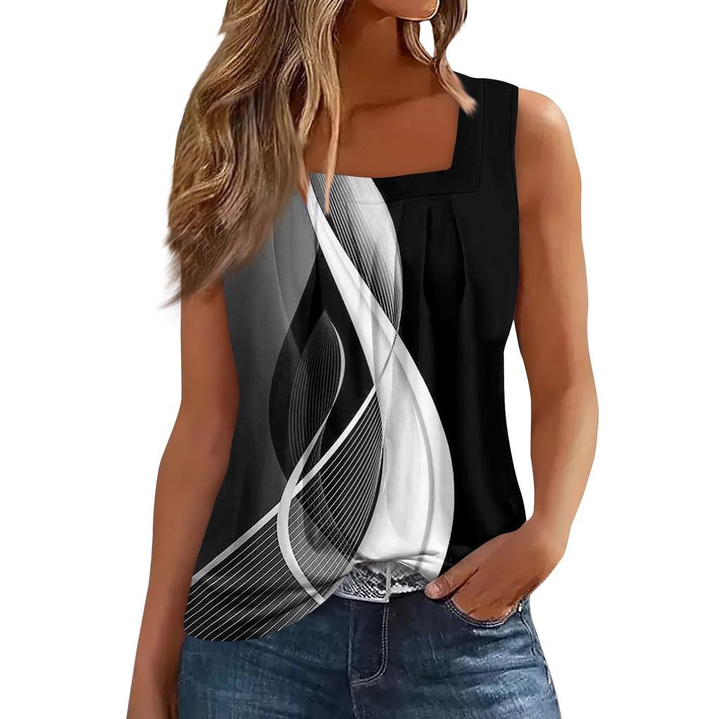Women's Pleated Square Collar Sleeveless Vest Print T-shirt