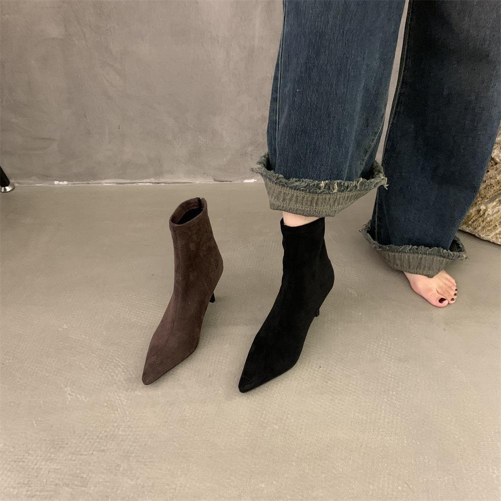High Heel Pointed Head Temperament Suede Short Boots Women's Shoes Autumn and Winter Velvet Thin Heel Korean