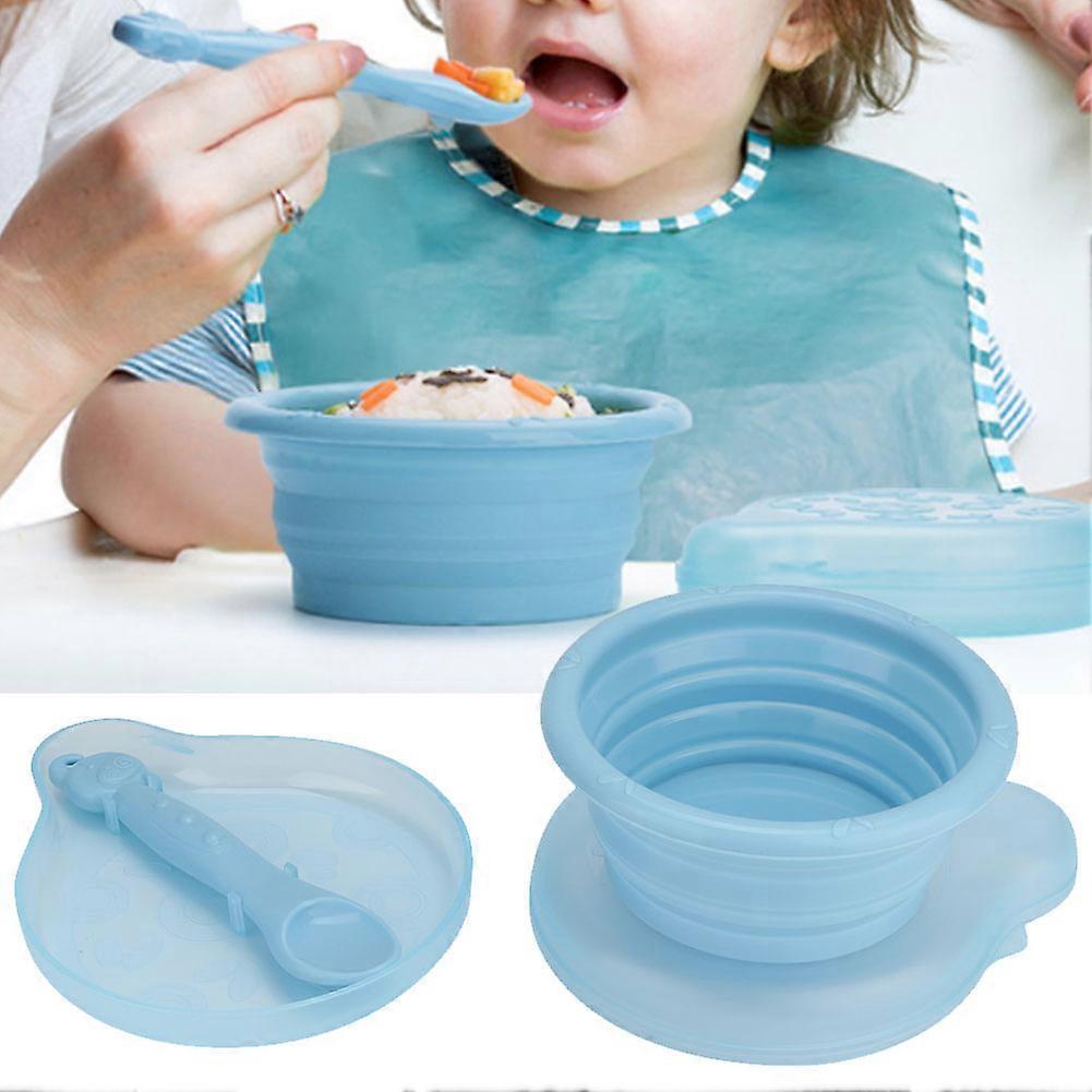 Household Portable Infant Baby Silicone Folding Food Bowl Spoon Kit Baby Tableware