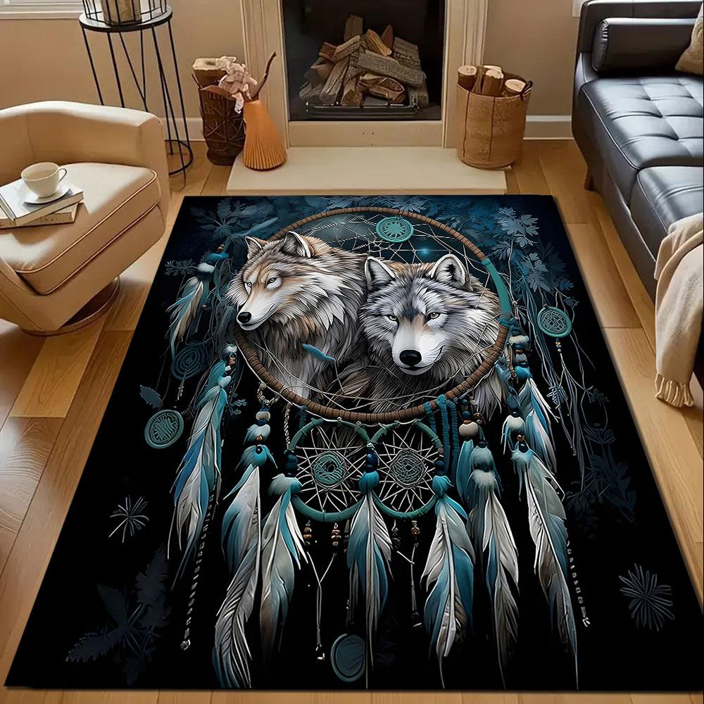 Dreamcatcher with Wolves and Feathers Patterned carpet, non slip mat suitable for living room and bedroom sofas