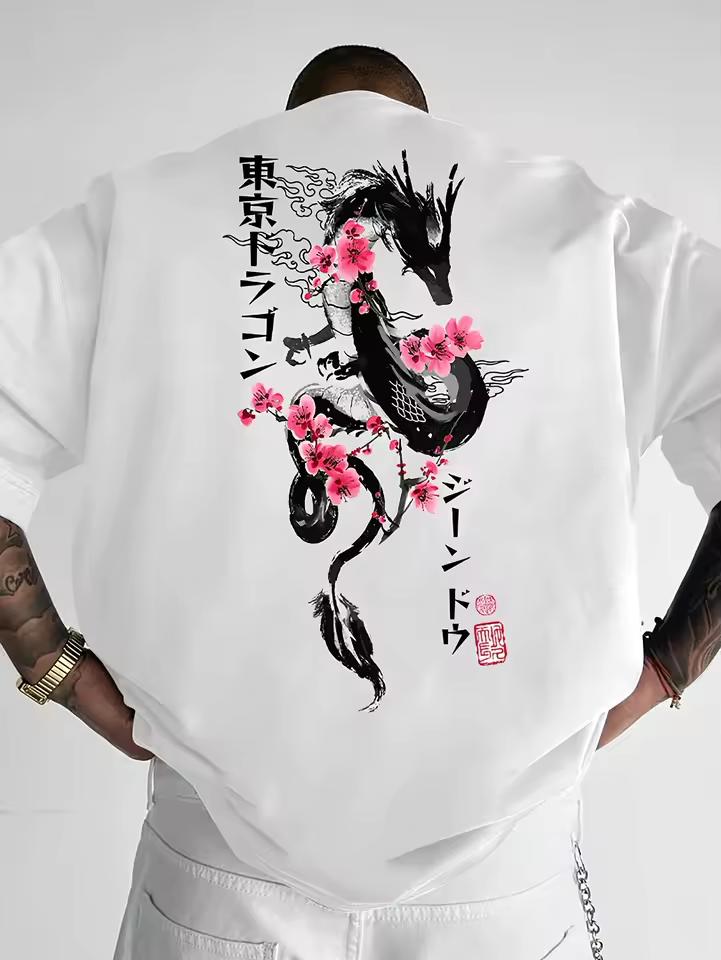 Ink Wash Cherry Blossom Dragon Pure Cotton Trendy Cool Short Sleeved Comfortable Daily Men's T-shirt Women's T-shirt