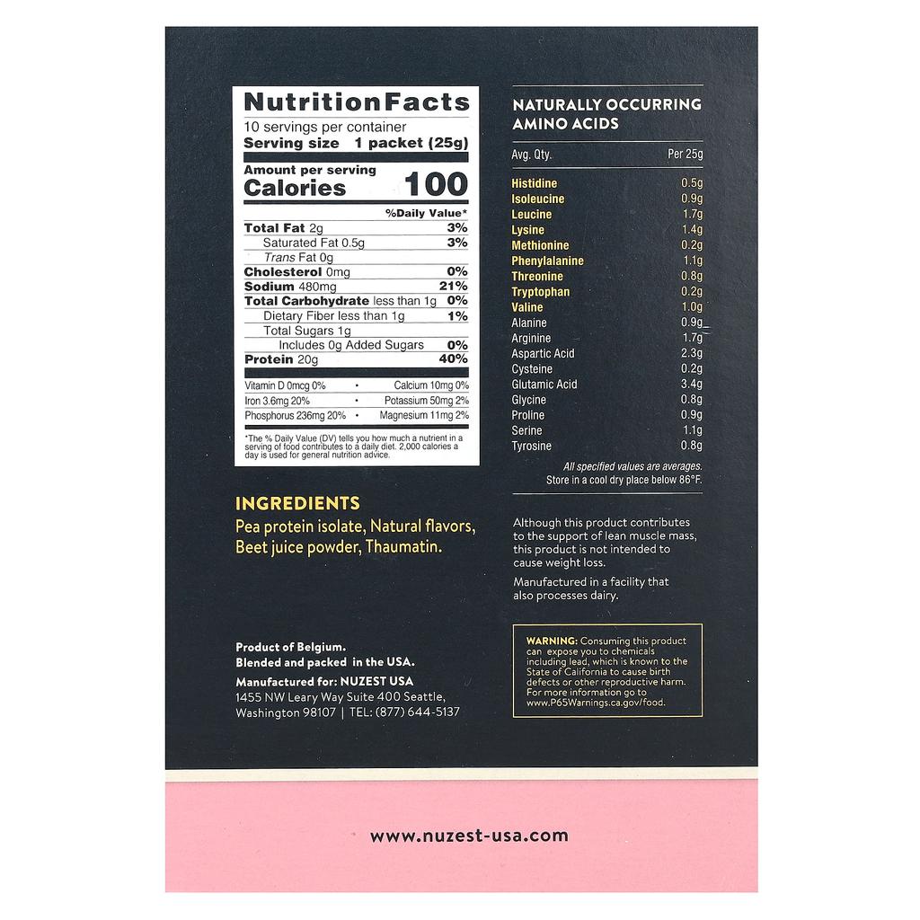 Nuzest Clean Lean Protein, Wild Strawberry, 10 Packets, 0.9 Oz (25 G) Per Pack