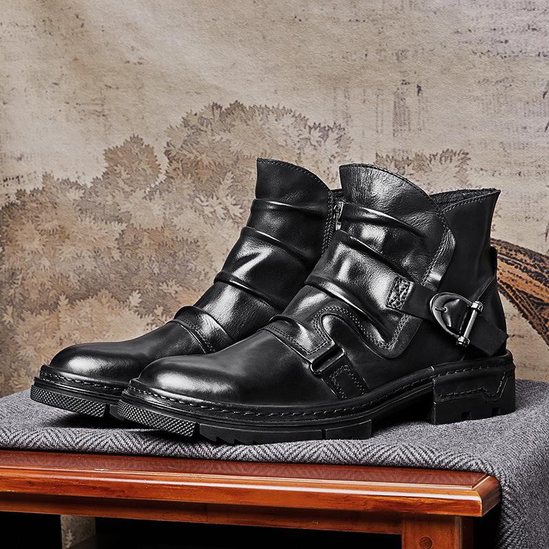 Men's Motorcycle Boots Genuine Leather Shoes Men Buckle Ankle Boots Handmade Retro Leather Boots Luxury Men's Retro Shoes