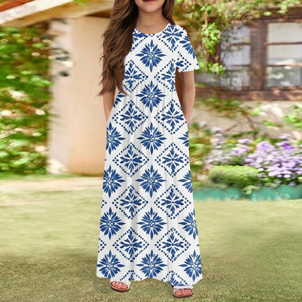 Длинное летнее платье для девочек - платье макси с короткими рукавами и карманами для детей 4-14 лет