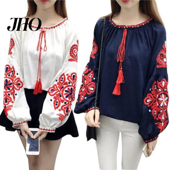 Embroidered Lantern Sleeve Blouse Summer Shirt Women Ethnic Style Pattern Pullover Top Tops Round Neck Loose Fit Retro
