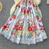 Summer Women Turn-down Collar Vintage Print Runway Dress Sleeveless Long Maxi Party Dresses with Belt