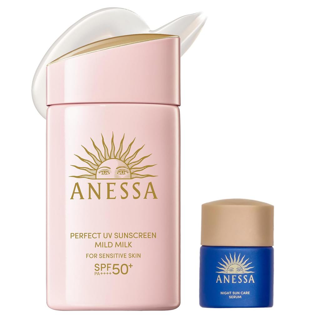 ANESSA Perfect UV Mild Milk NA Солнцезащитное молочко с сывороткой для ночного ухода за кожей, подходящее для чувствительной кожи лица, безопасное, может использоваться как основа под макияж (60 мл, SPF50+