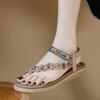 New Summer 2025 Sandals Rhinestones Comfortable And Casual Beach Round Toe Flat Sandals Ethnic Style Elastic Sandals Simple