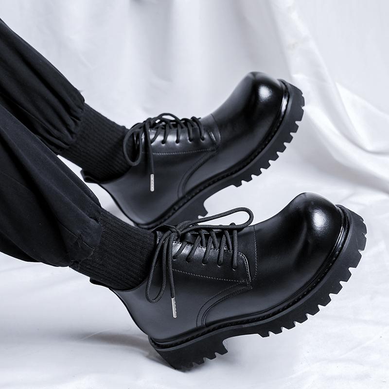 Spring and Autumn British Style Mid Cut Boots High Quality New Style Thick Bottom Lace Up Ankle Boots Brand Black High Top Boots