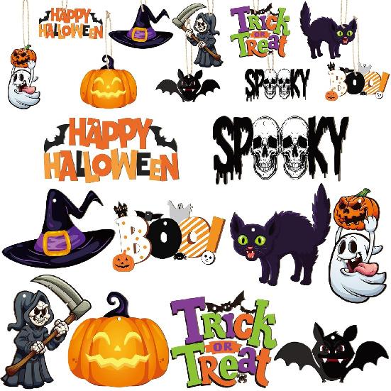 Gerrii 40 Pieces Halloween Ornaments Wooden Halloween Tree Decorations Pumpkin Ghost Witch Hat Skeleton Mini Hanging Ornaments with Rope for DIY