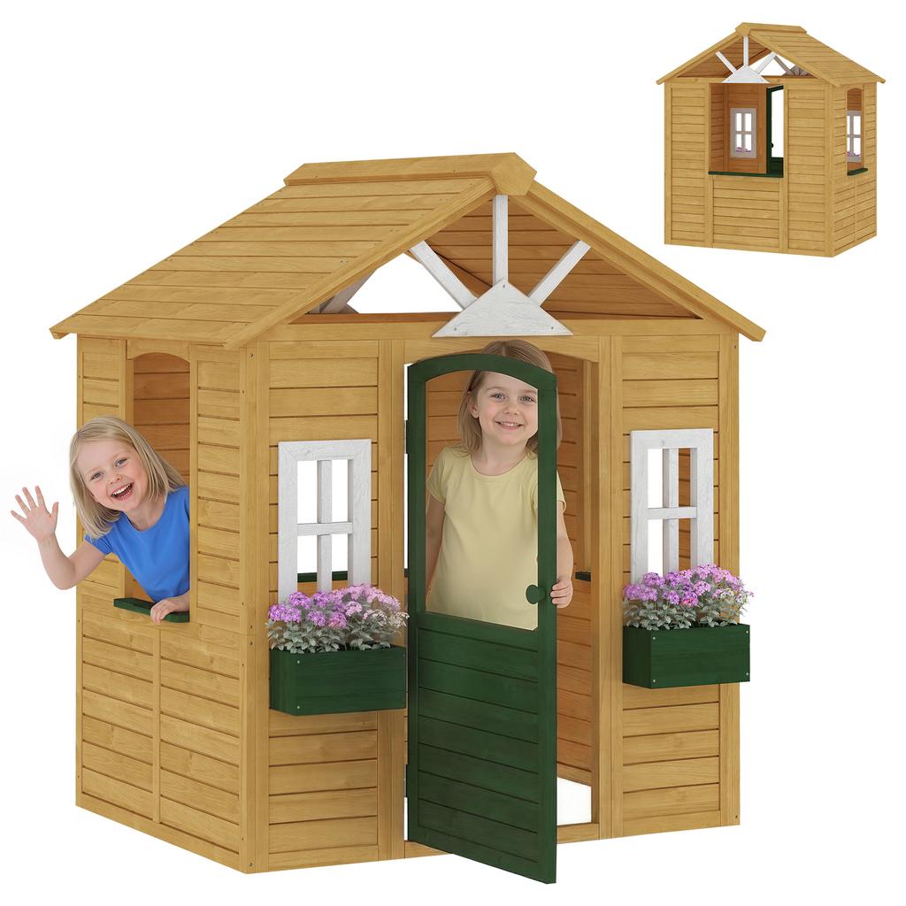 Kids Playhouse Wood Outdoor Playhouse with Door, 3 Windows, 2 Flower Boxes for Children 3-8 Years, 134.5 x 97 x 150 cm, Brown